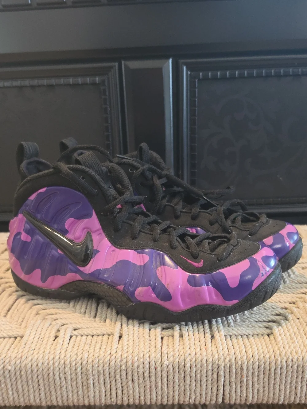Nike Mens Purple and Black Camo Foamposite Sneakers